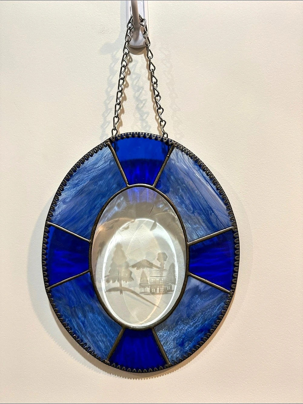 Vintage Blue & Clear Stained Glass Wall Hanging